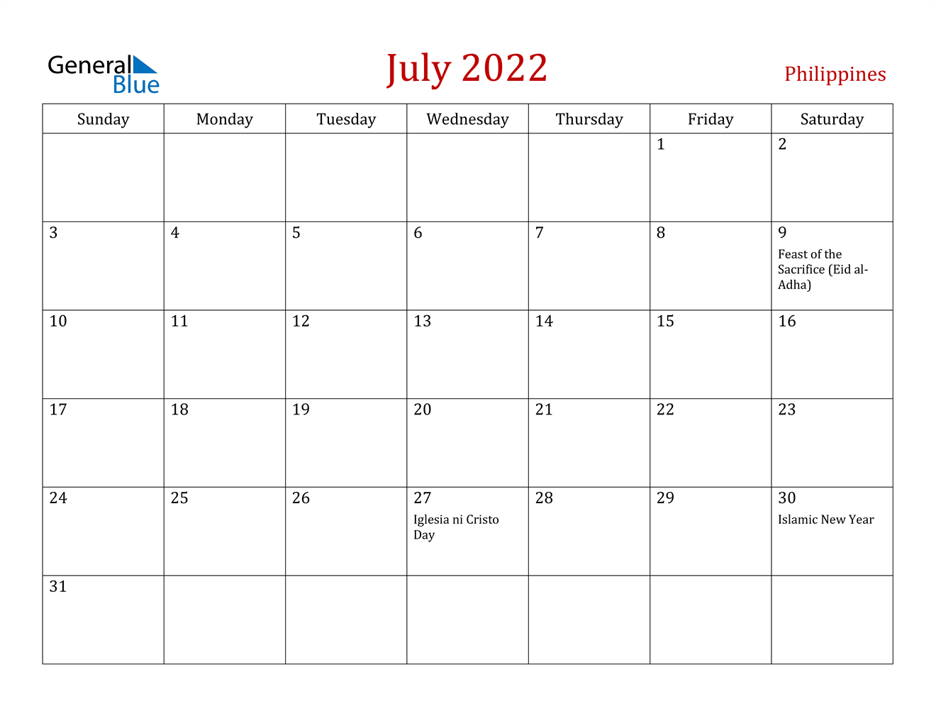 July 2022 Calendar - Philippines