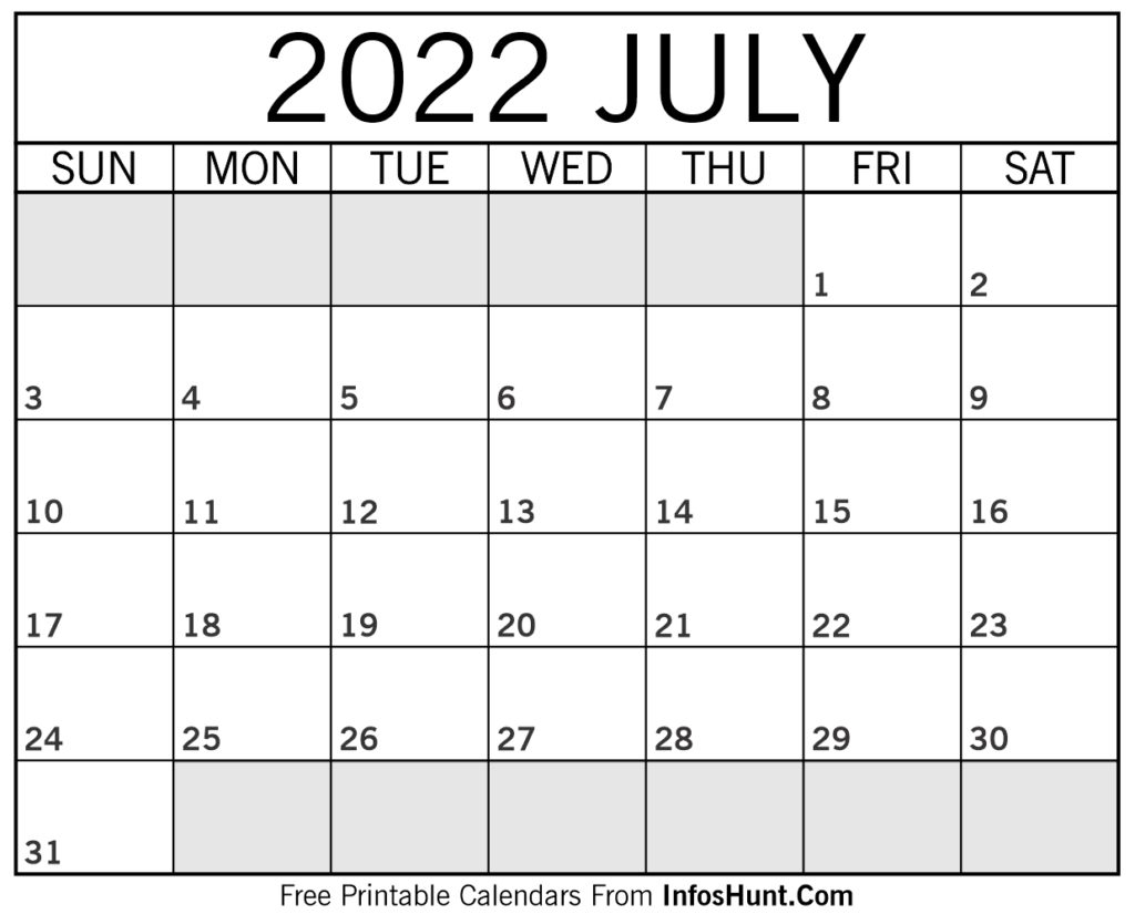 July 2022 Calendar Printable