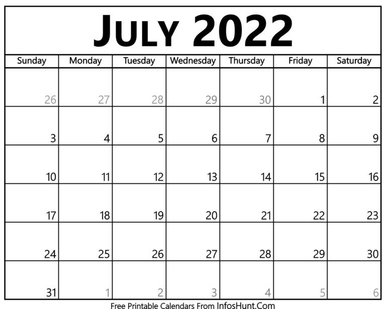 July 2022 Calendar Printable