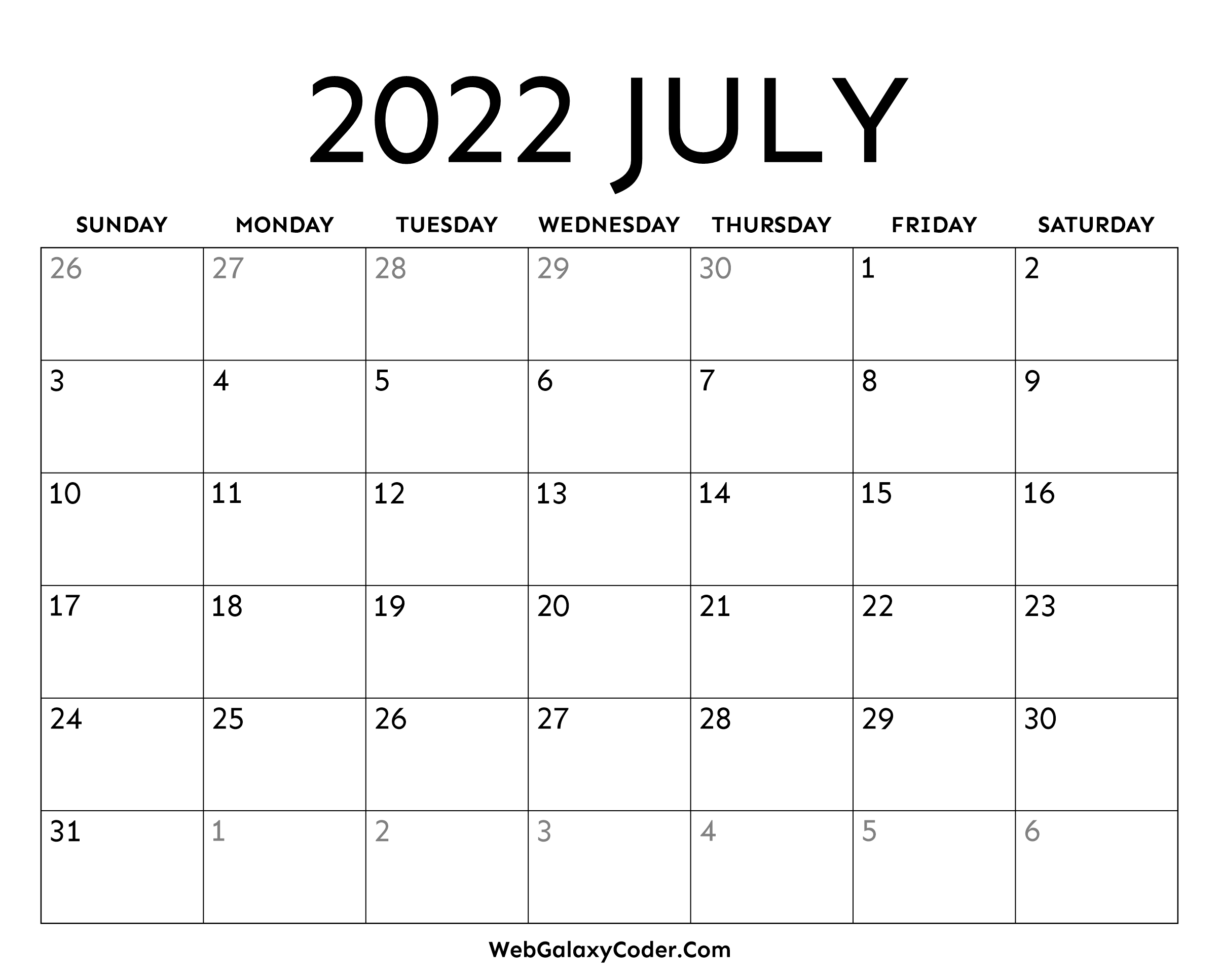 July 2022 Calendar- Printable Format - Print Now