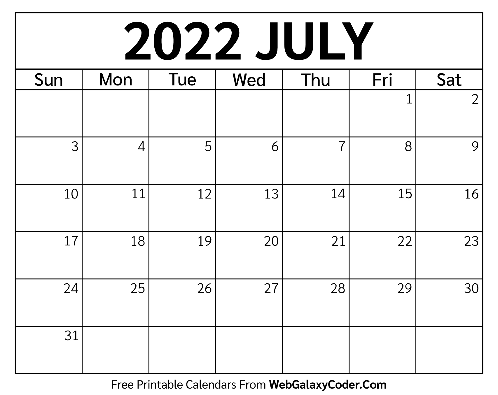 July 2022 Calendar- Printable Format - Print Now