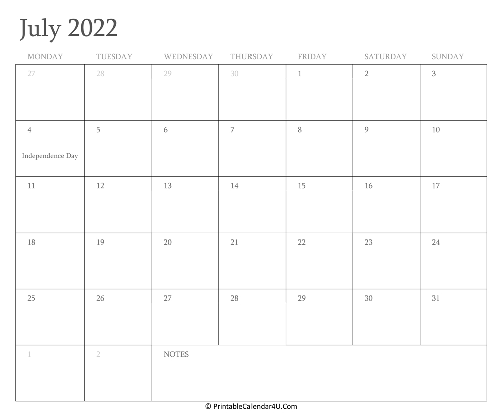 July 2022 Calendar Printable With Holidays