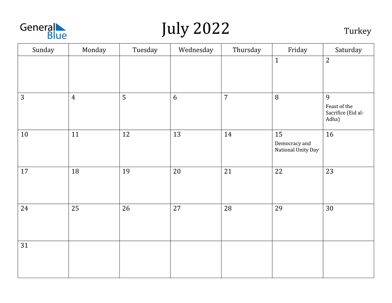 July 2022 Calendar - Turkey