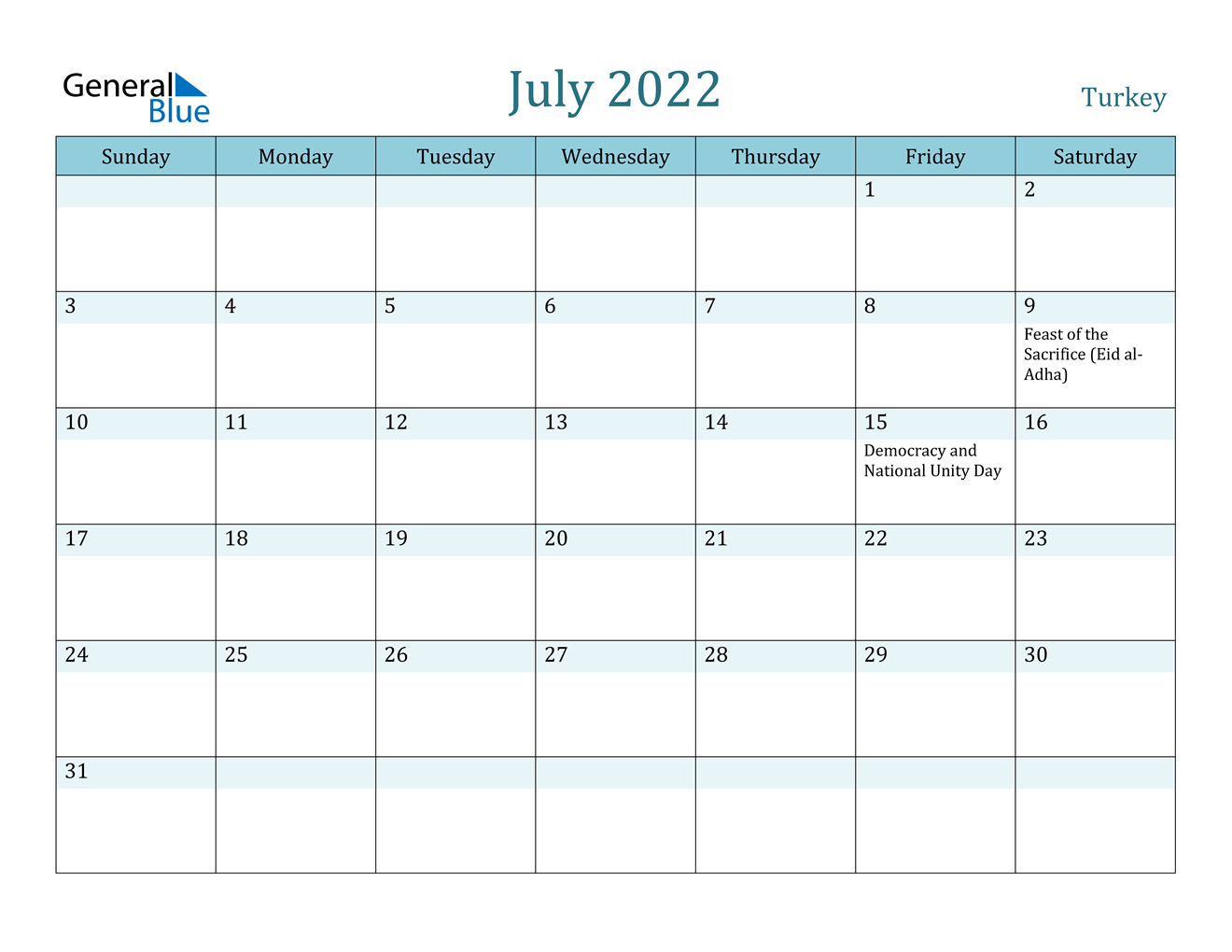 July 2022 Calendar - Turkey