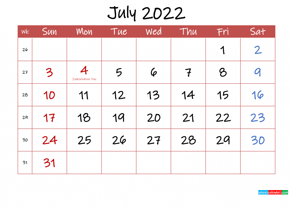 July 2022 Calendar With Holidays | 2021 Printable Calendars