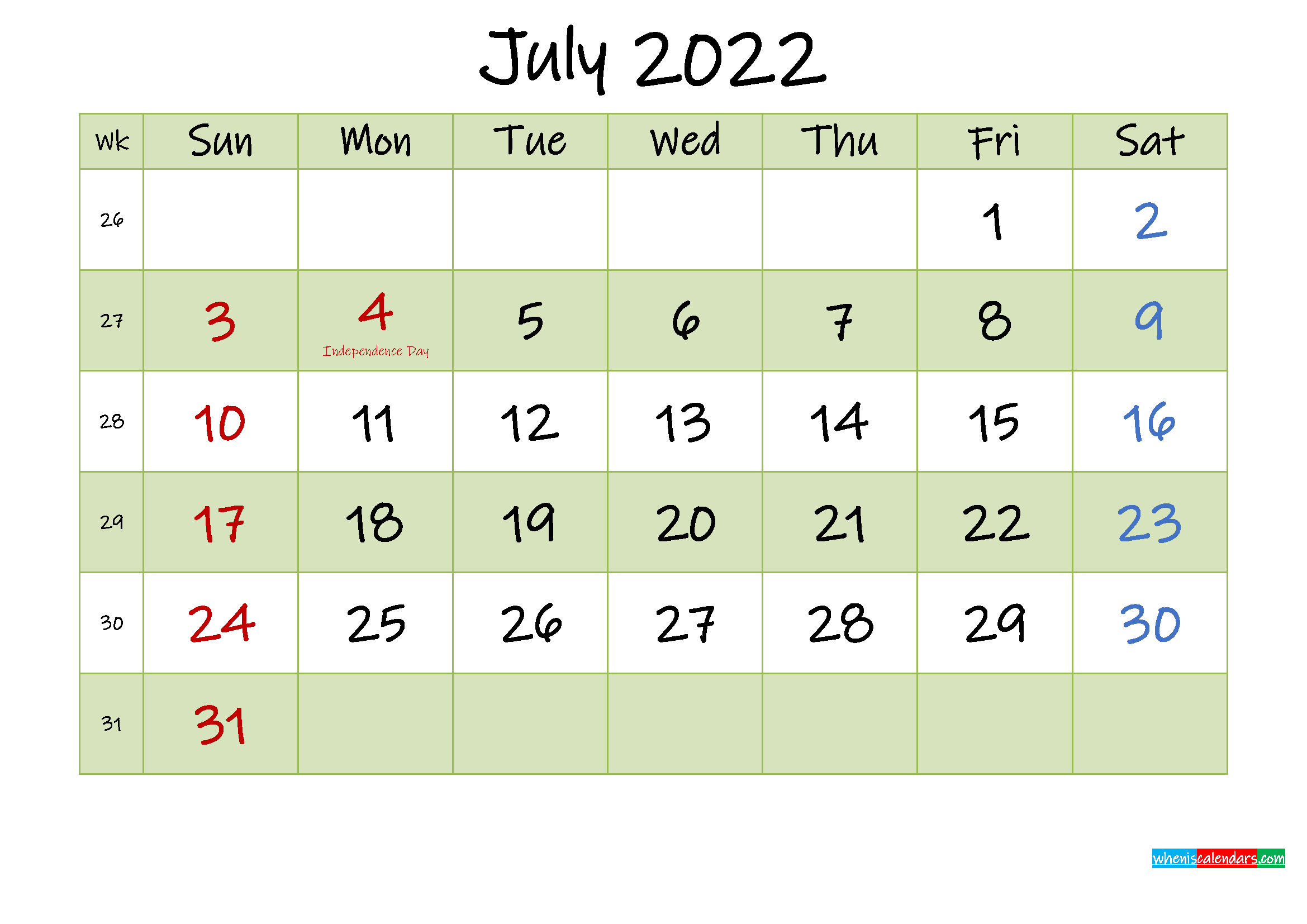 July 2022 Calendar With Holidays Printable - Template No