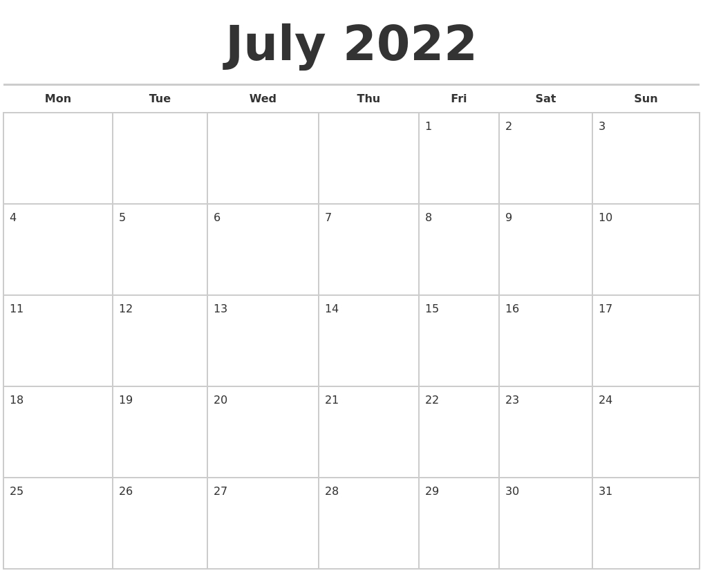 July 2022 Calendars Free