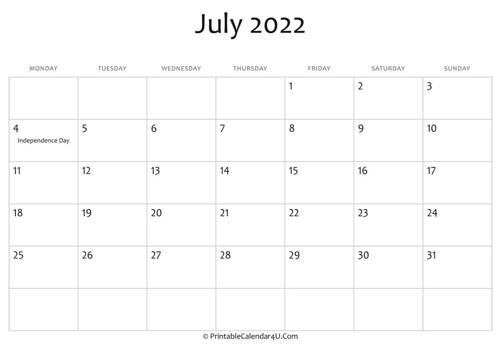 July 2022 Editable Calendar With Holidays