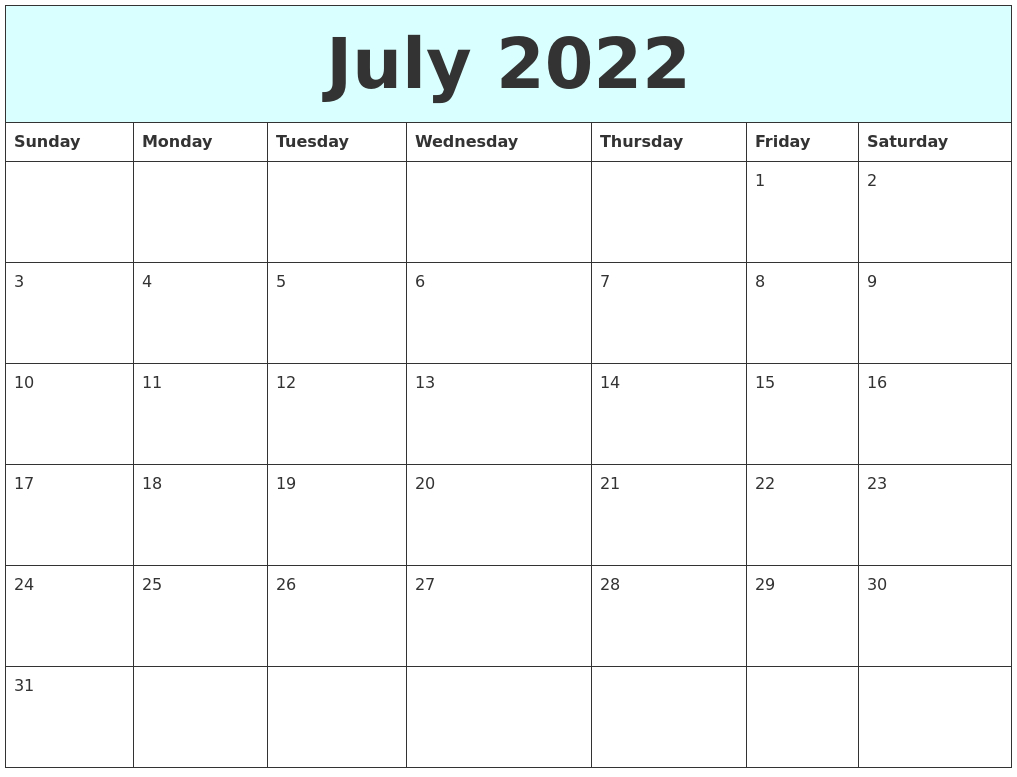 July 2022 Free Calendar