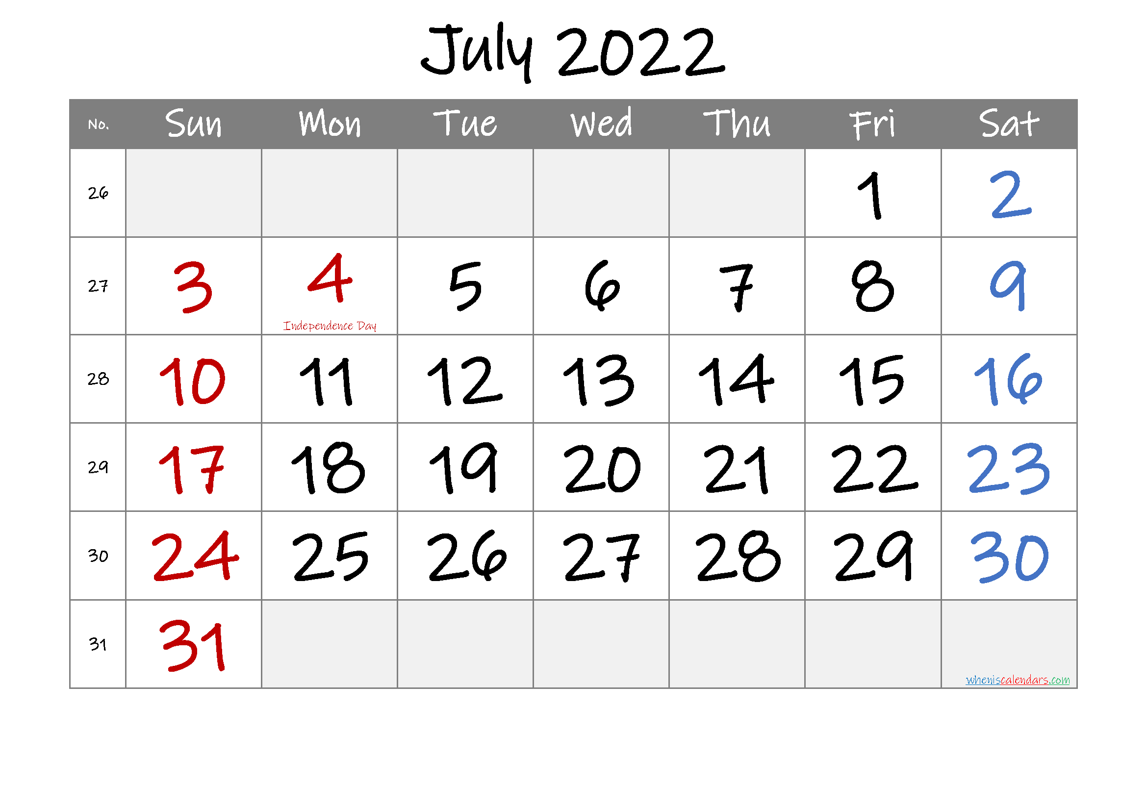 July 2022 Free Printable Calendar-Template No.if22M31