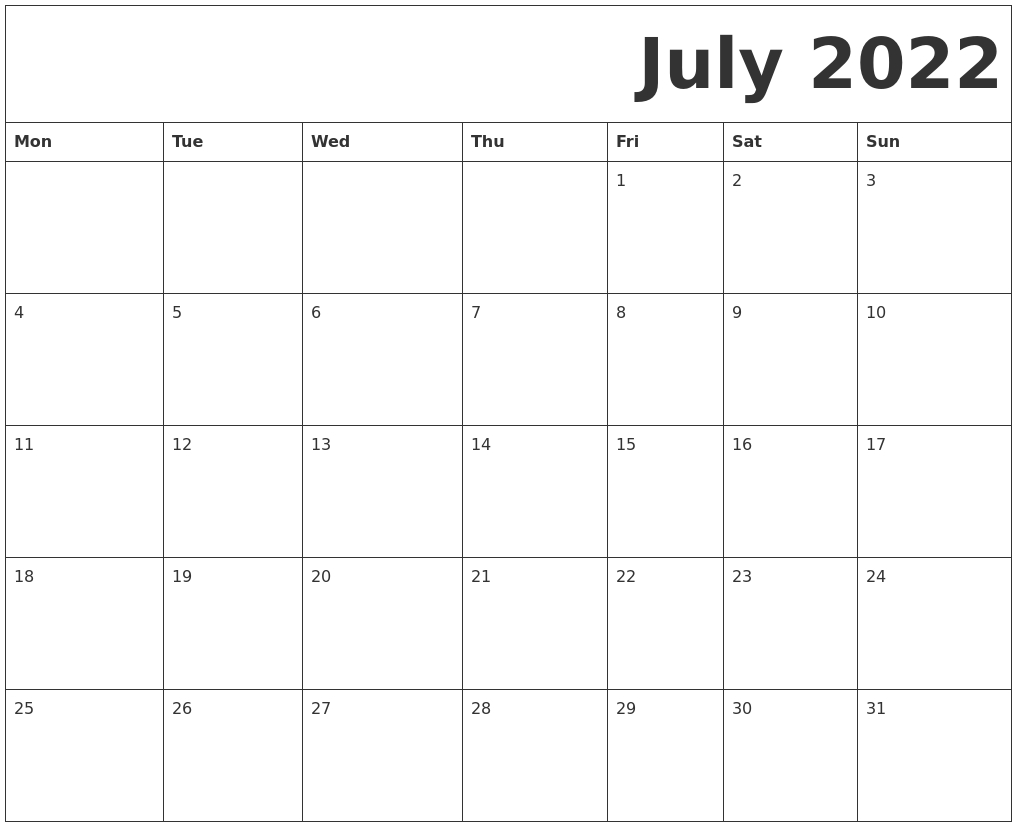 July 2022 Free Printable Calendar