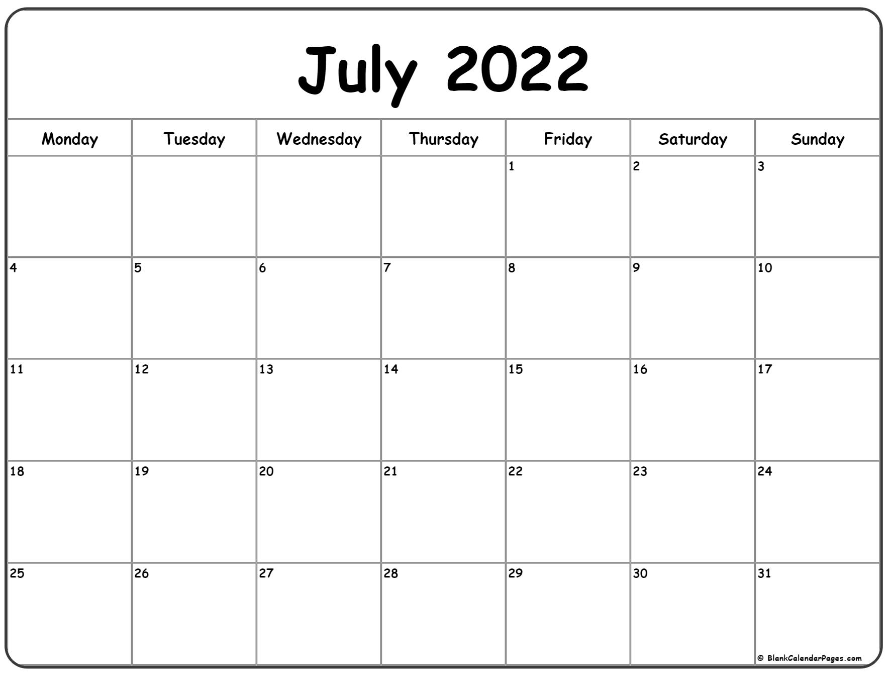 July 2022 Monday Calendar | Monday To Sunday