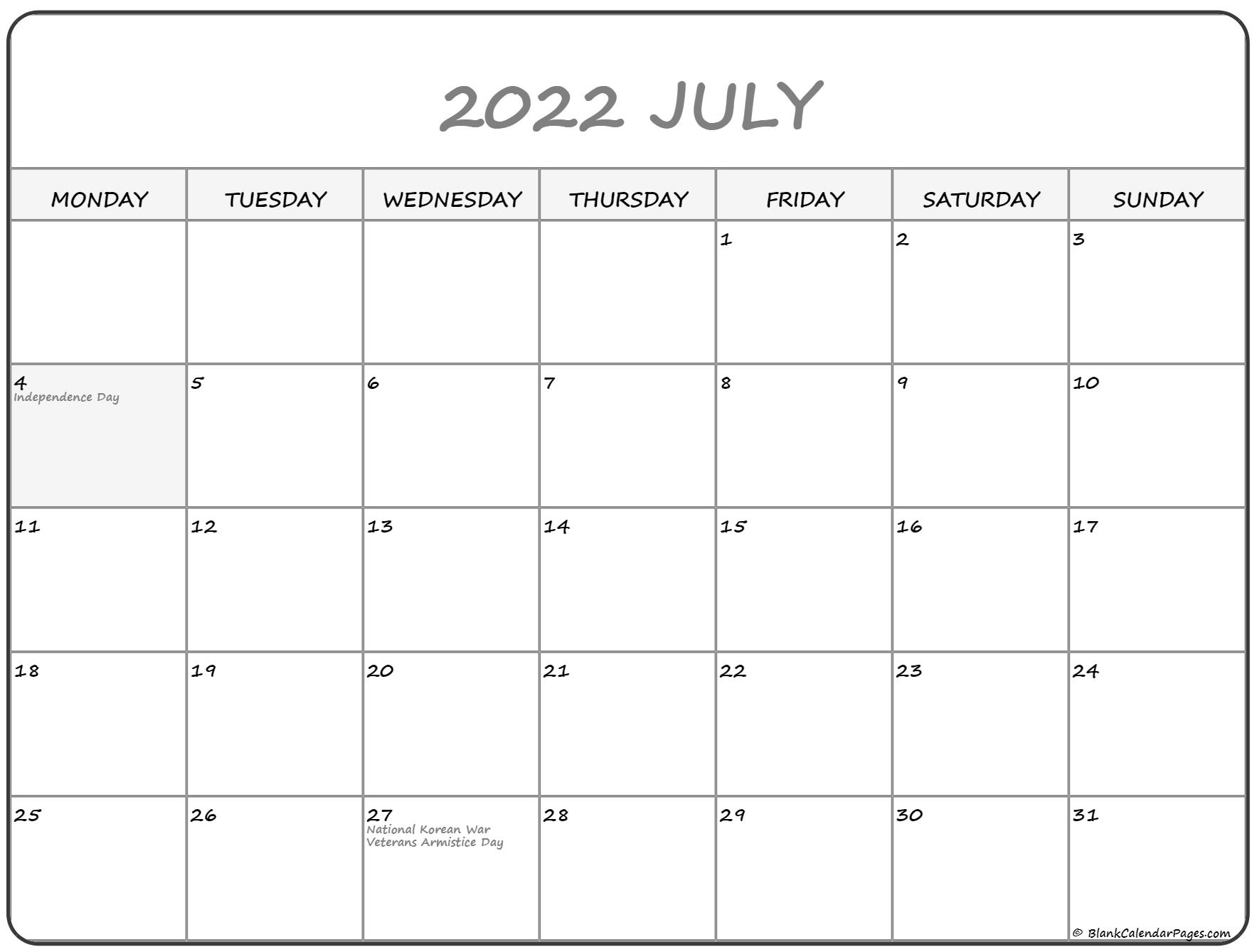 July 2022 Monday Calendar | Monday To Sunday