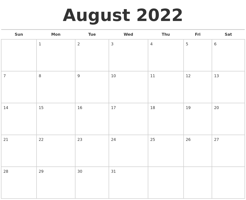 July 2022 Monthly Calendar Template