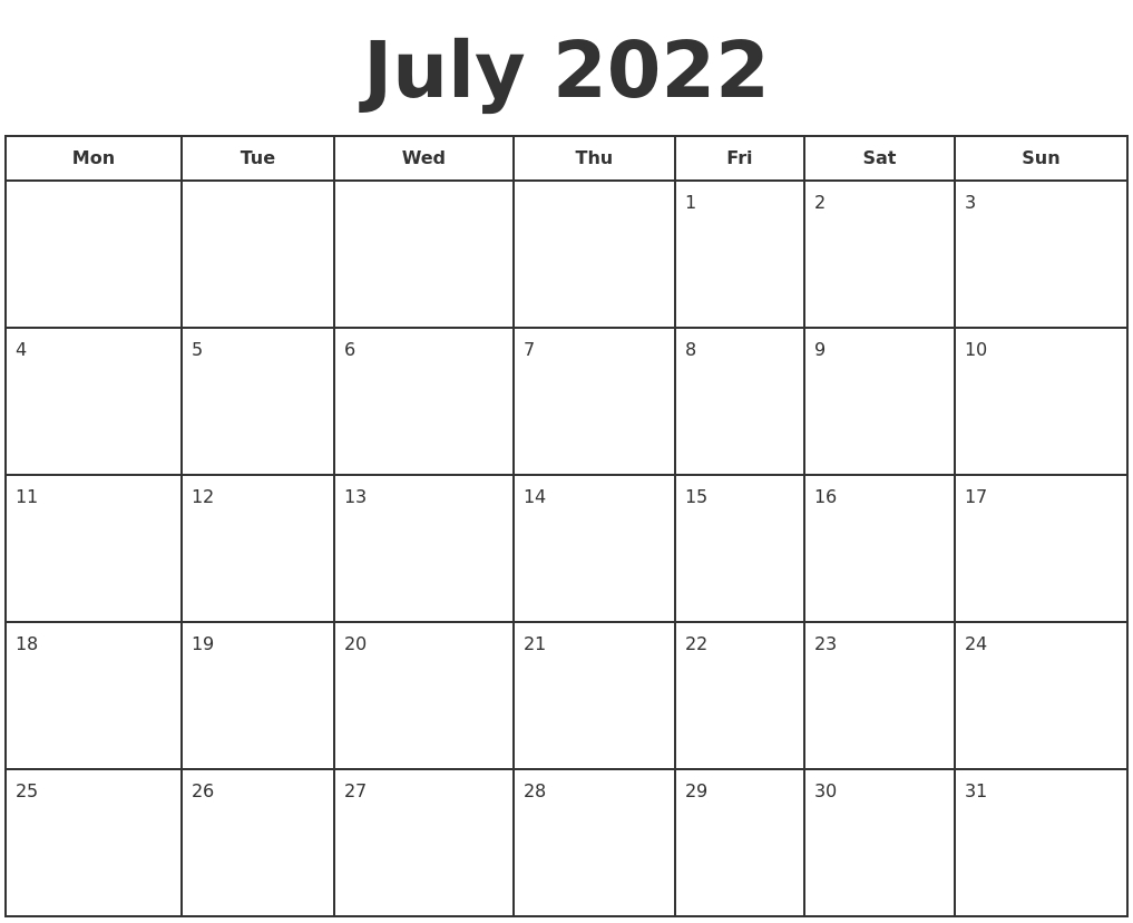 July 2022 Print A Calendar