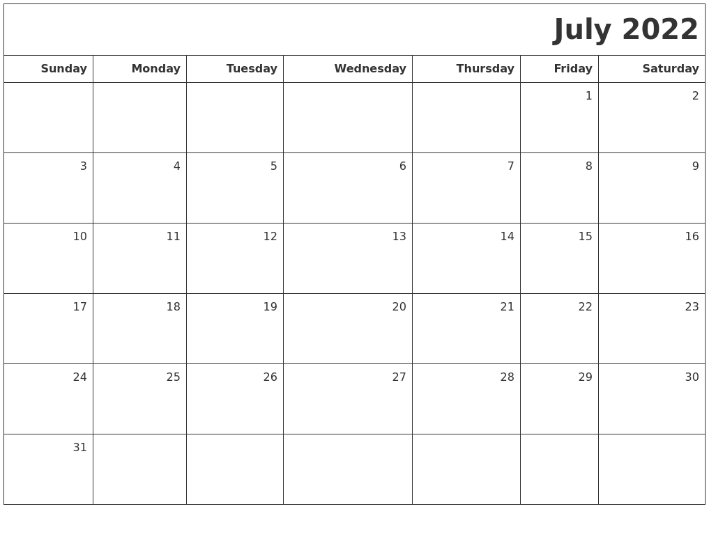 July 2022 Printable Blank Calendar
