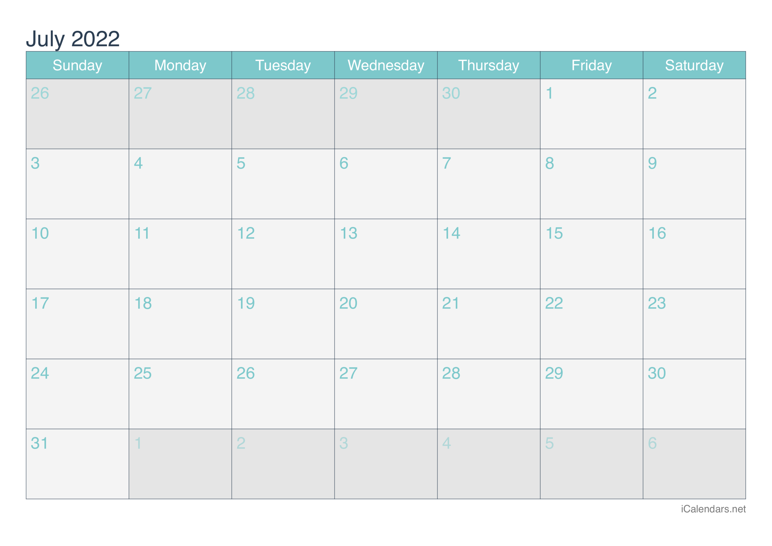 July 2022 Printable Calendar - Icalendars