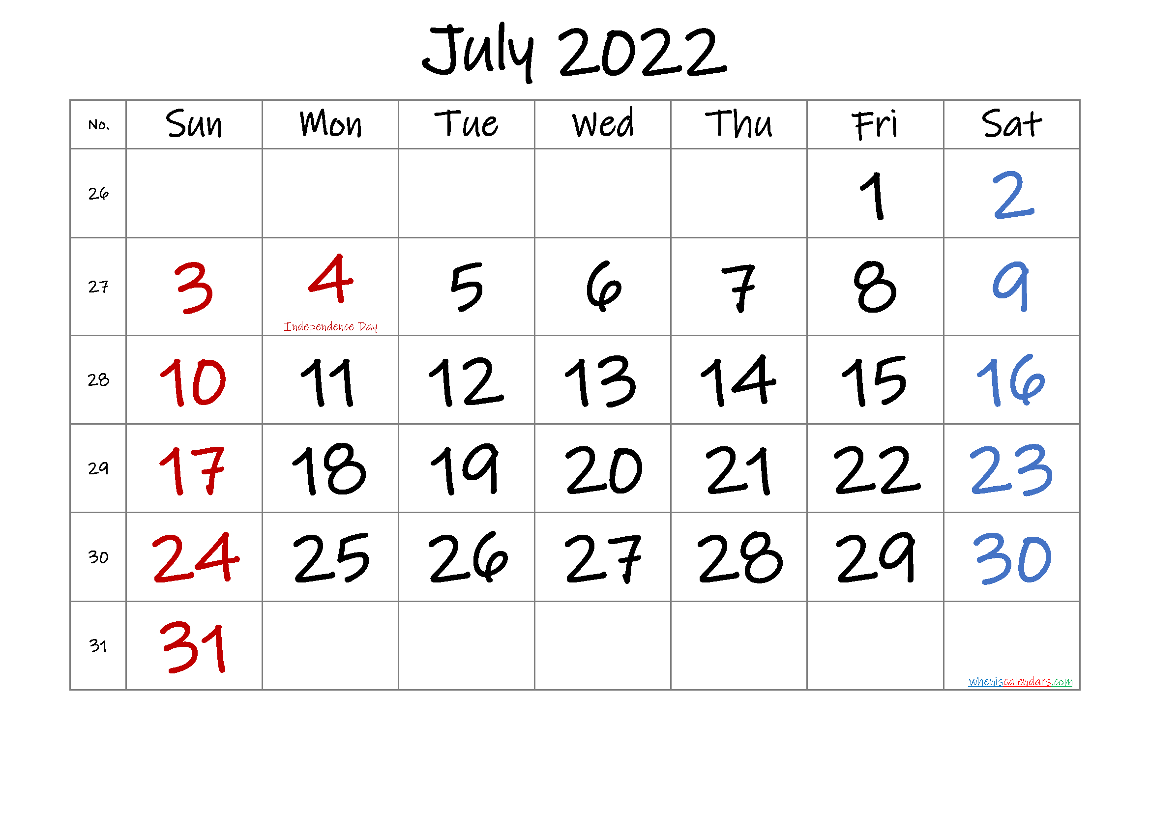 July 2022 Printable Calendar With Holidays