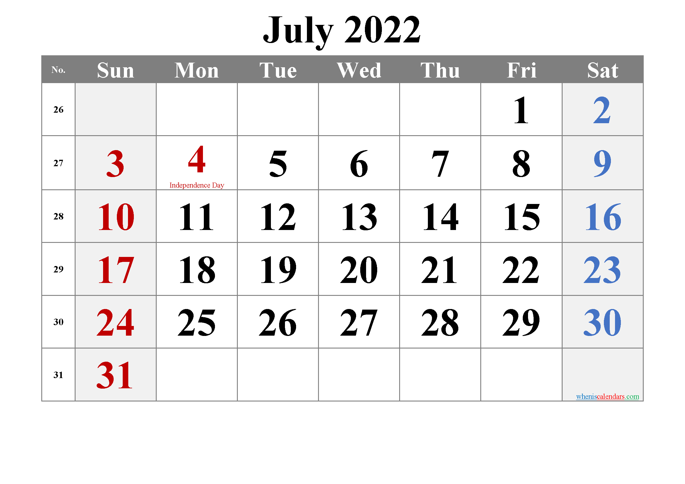 July 2022 Printable Calendar With Holidays - Free