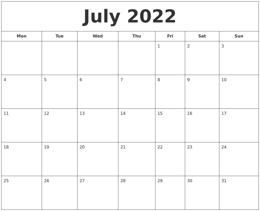 July 2022 Printable Calendar