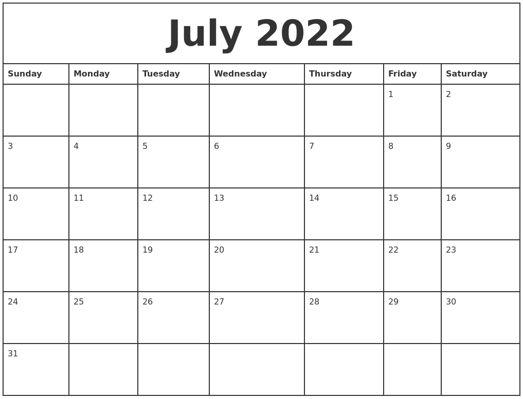 July 2022 Printable Monthly Calendar