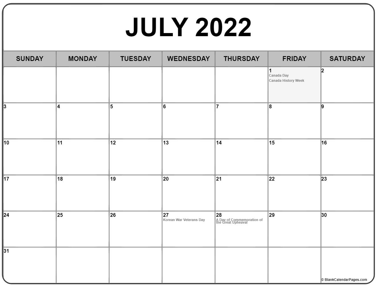 July 2022 With Holidays Calendar