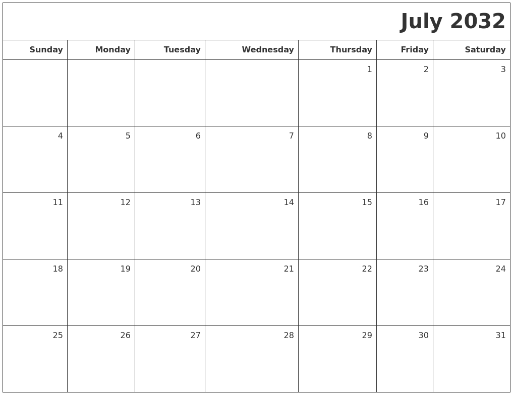 July 2032 Printable Blank Calendar