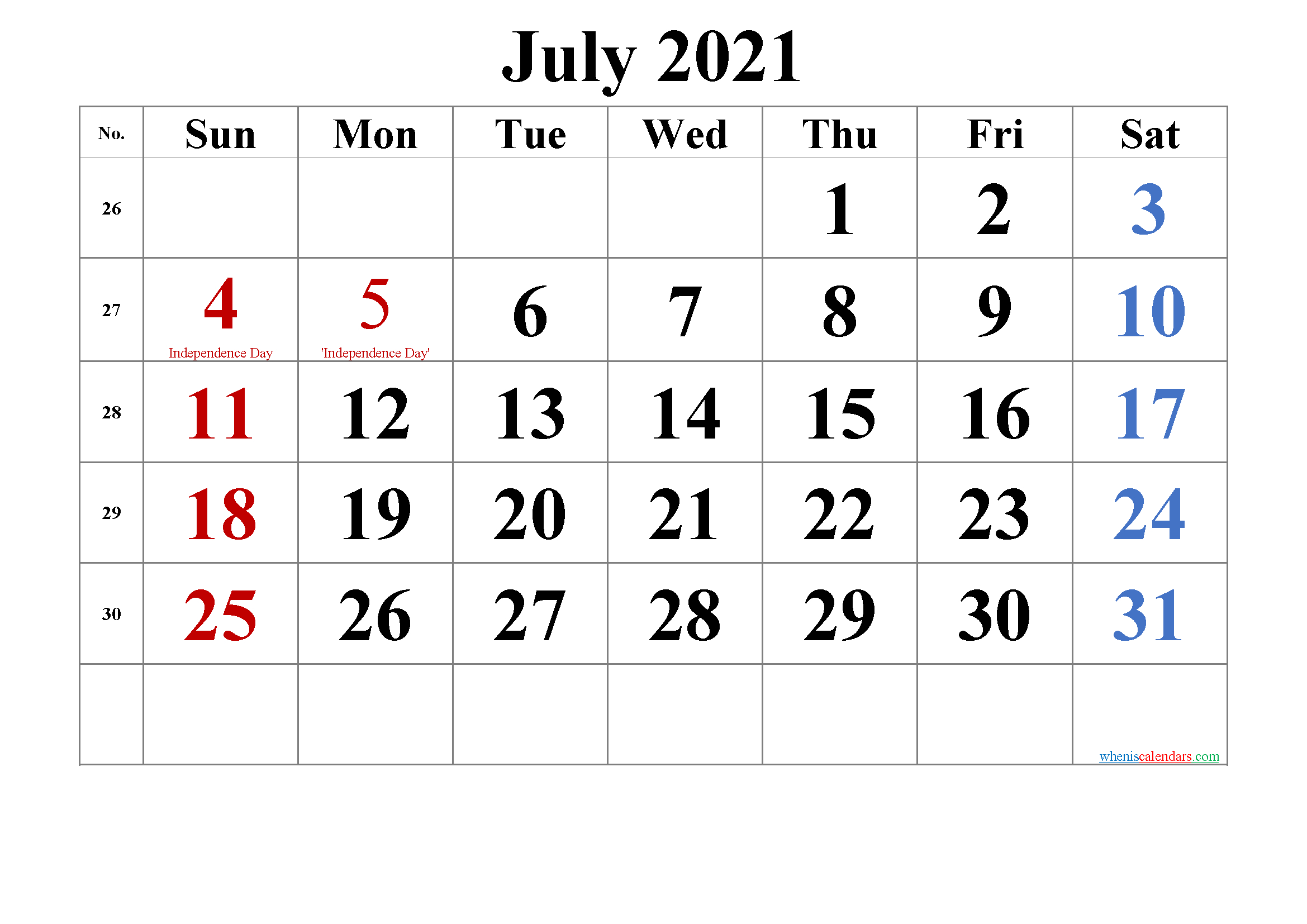 July 4 2021 Calendar | Printable Calendars 2021