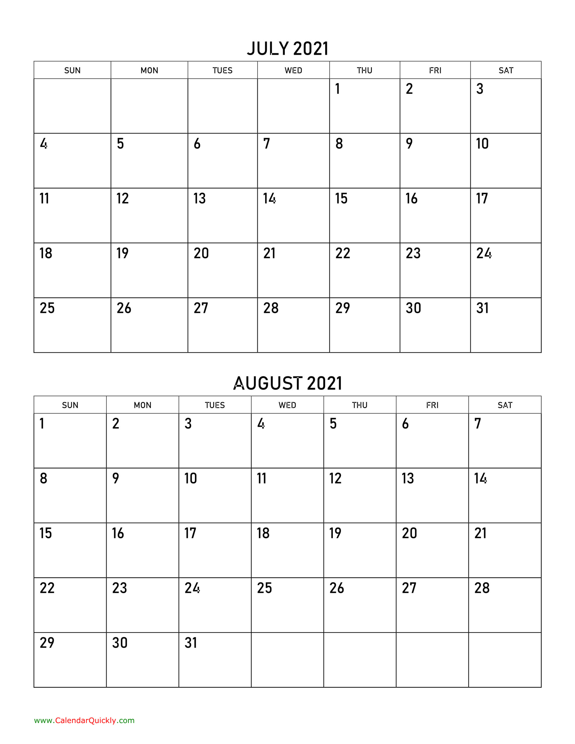 July And August 2021 Calendar | Calendar Quickly