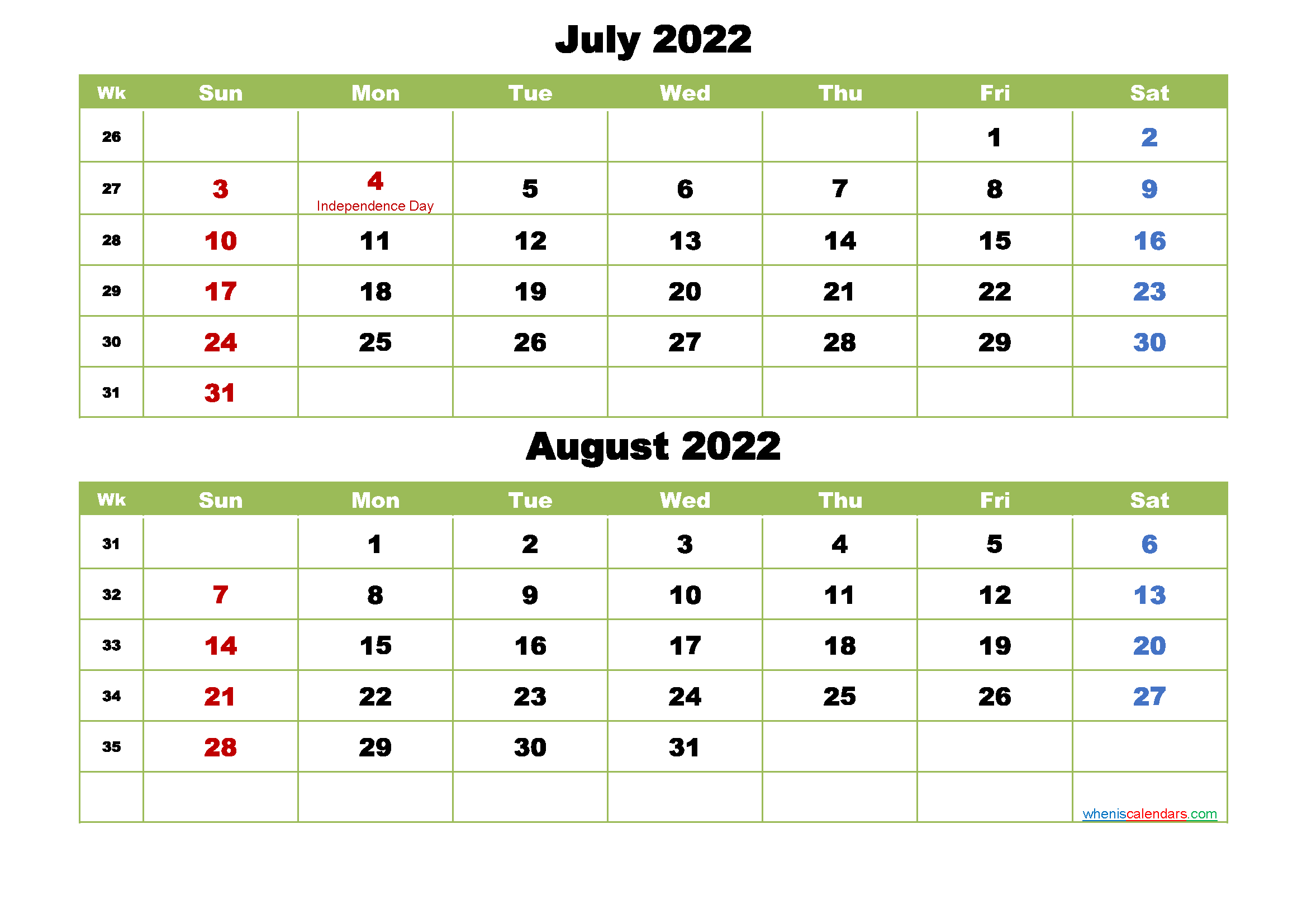 July And August 2022 Calendar With Holidays