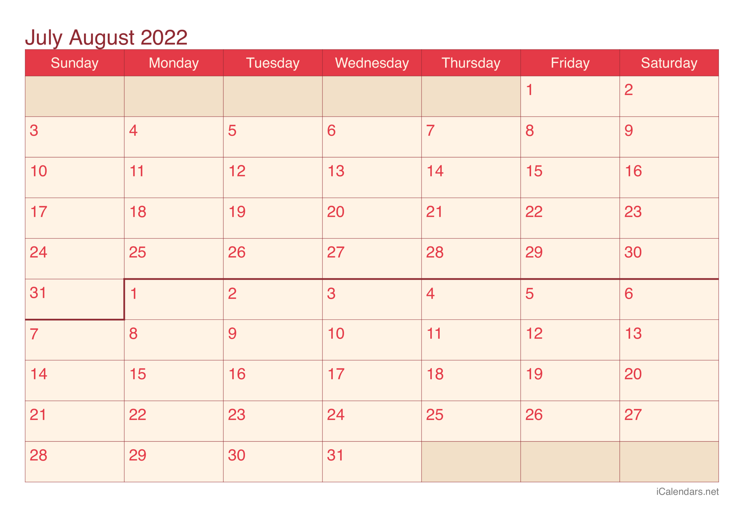 July And August 2022 Printable Calendar - Icalendars
