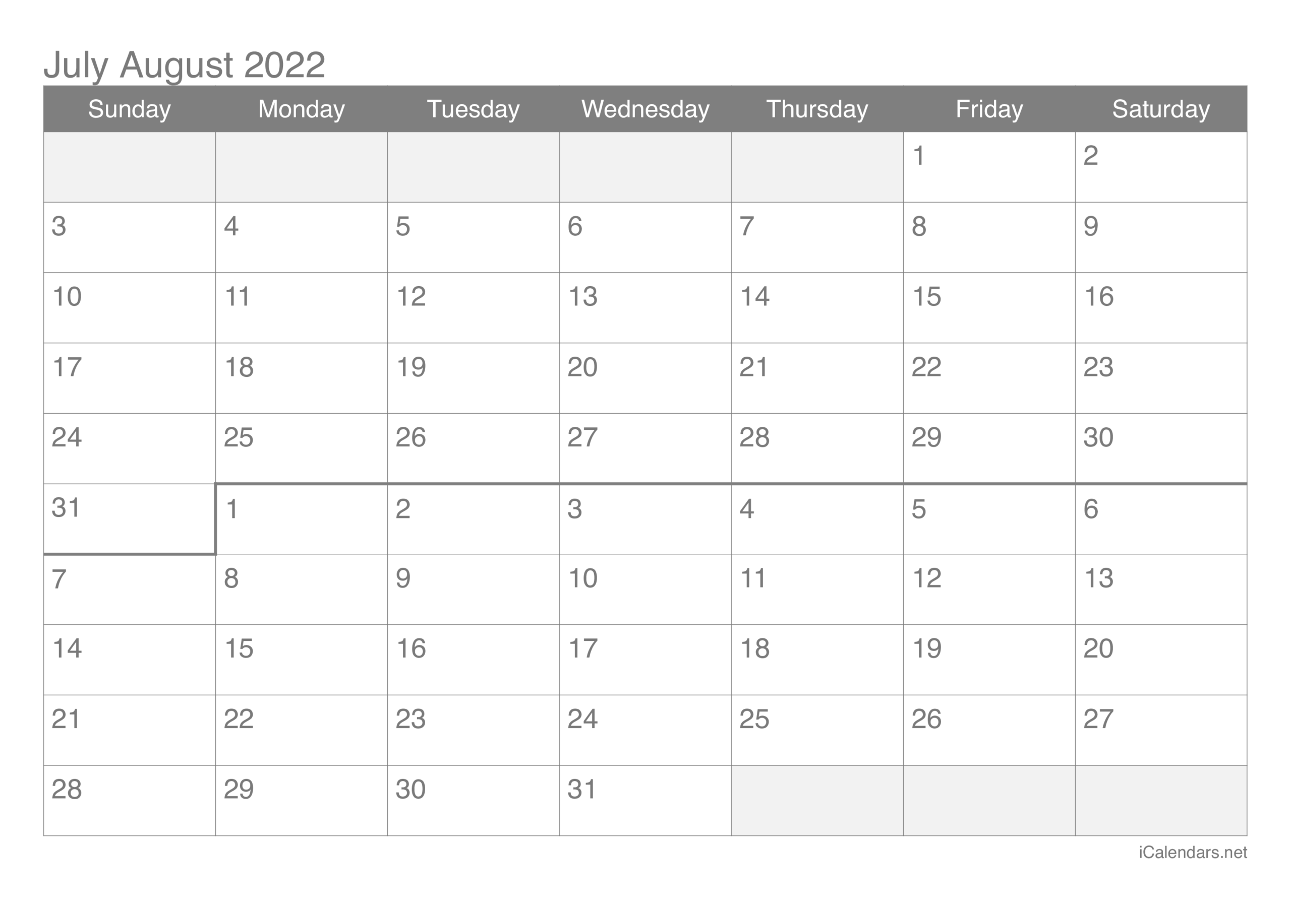 July And August 2022 Printable Calendar - Icalendars