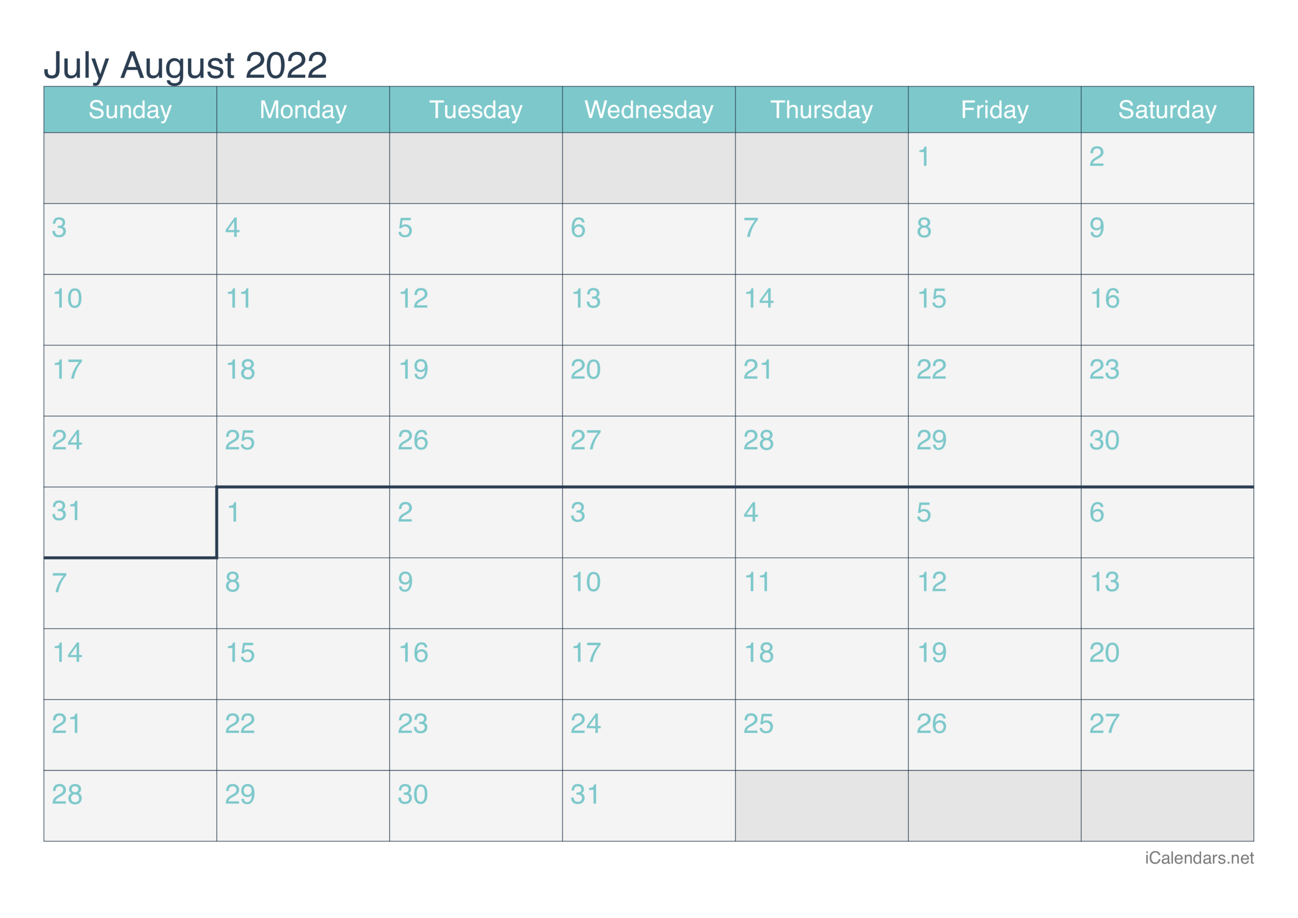 July And August 2022 Printable Calendar - Icalendars