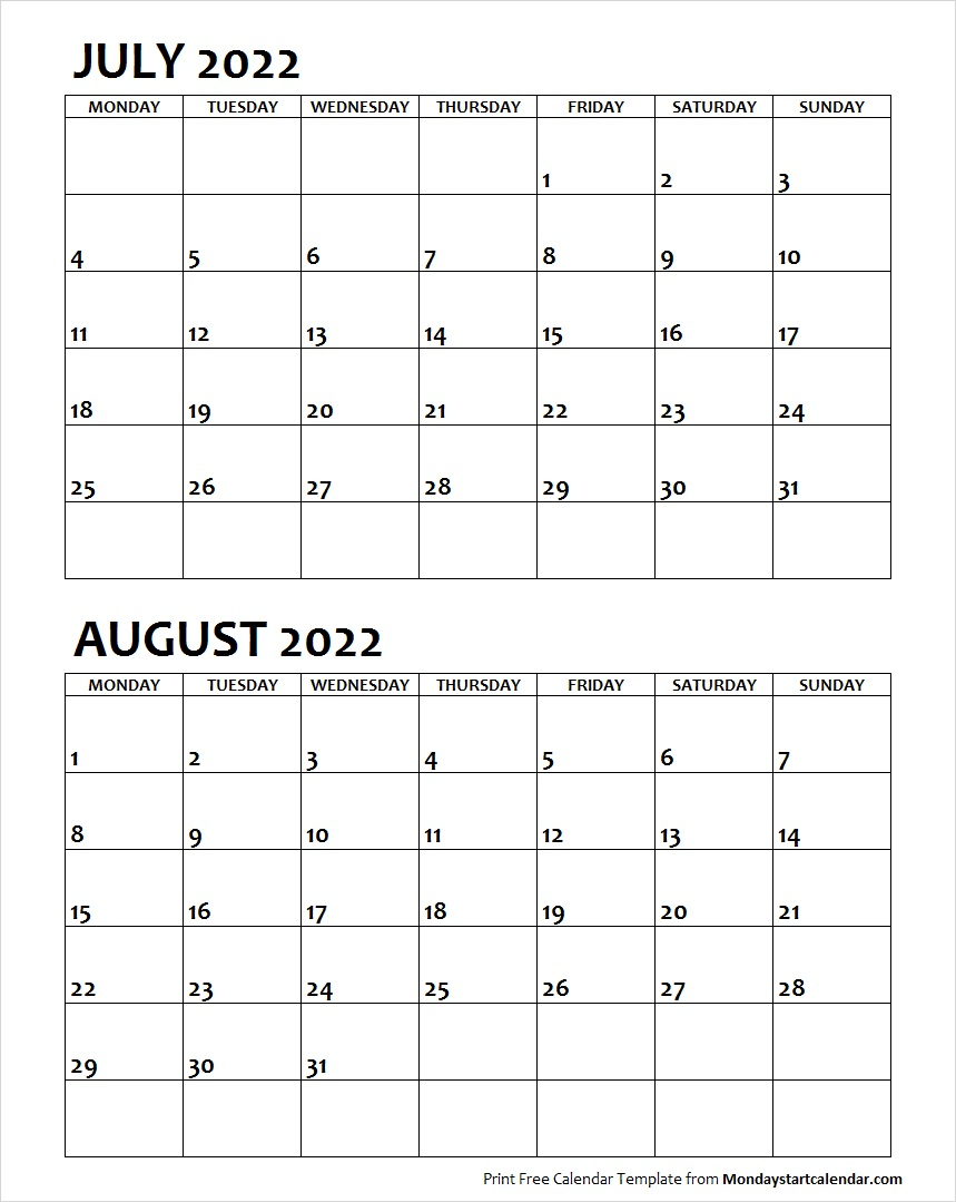 July August 2022 Calendar Monday Start | Editable Two