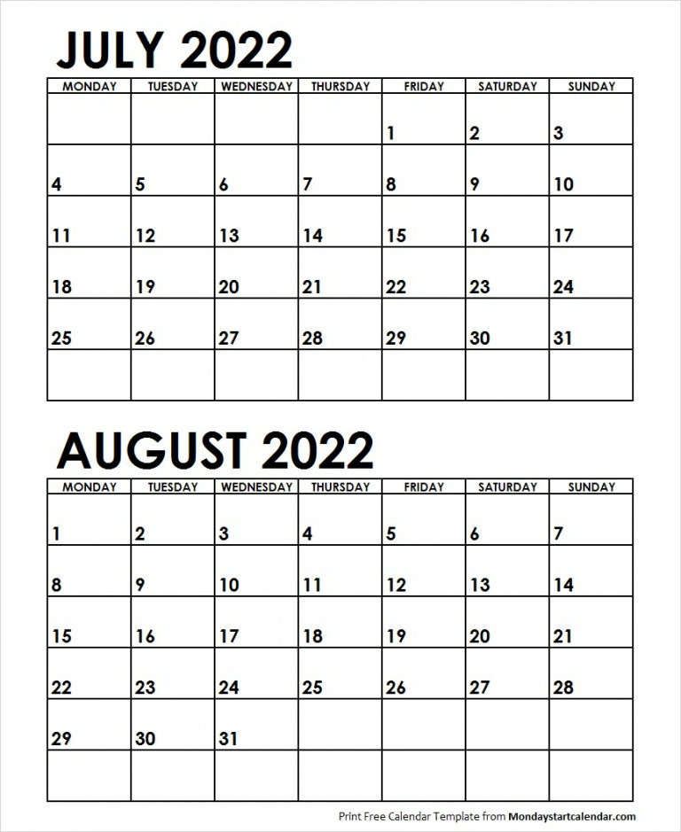 July August 2022 Calendar Monday Start Editable Two | 2021