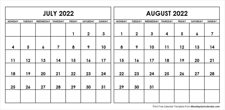 July August 2022 Calendar Monday Start | Editable Two