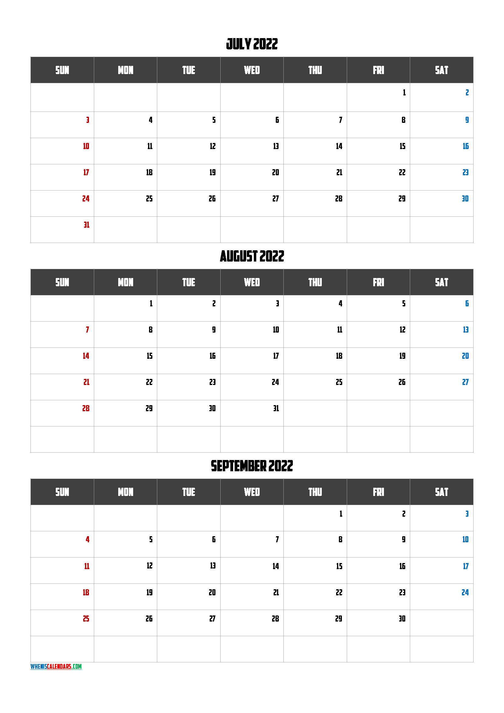 July August September 2022 Calendar Printable [Q1-Q2-Q3-Q4