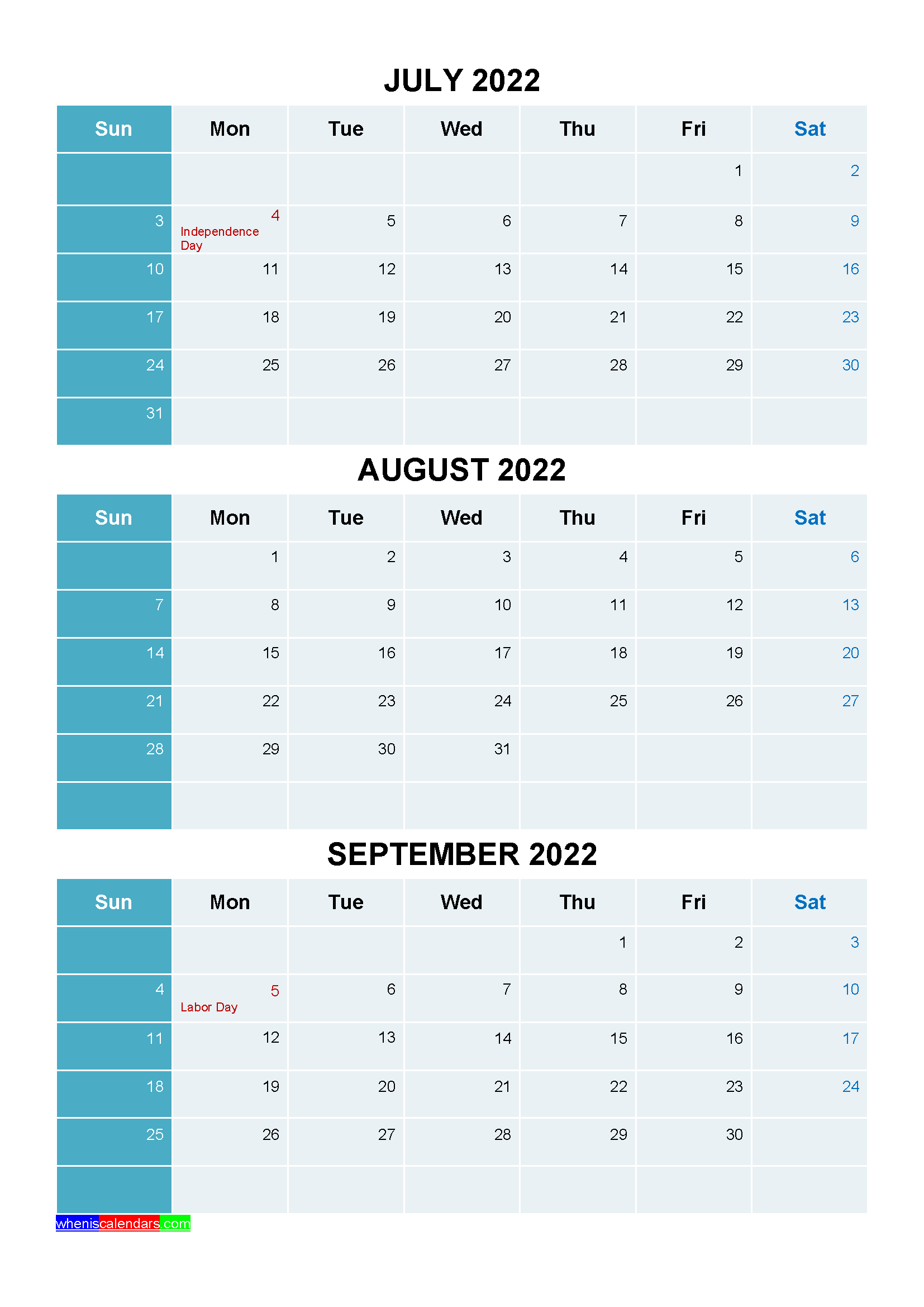 July August September 2022 Calendar With Holidays