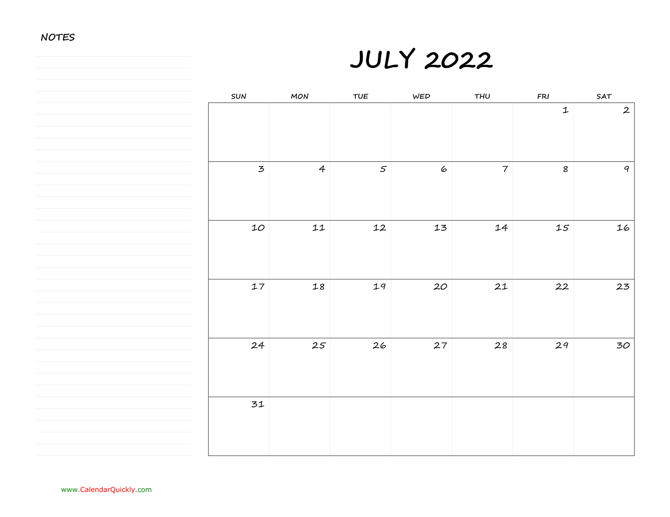 July Blank Calendar 2022 With Notes | Calendar Quickly