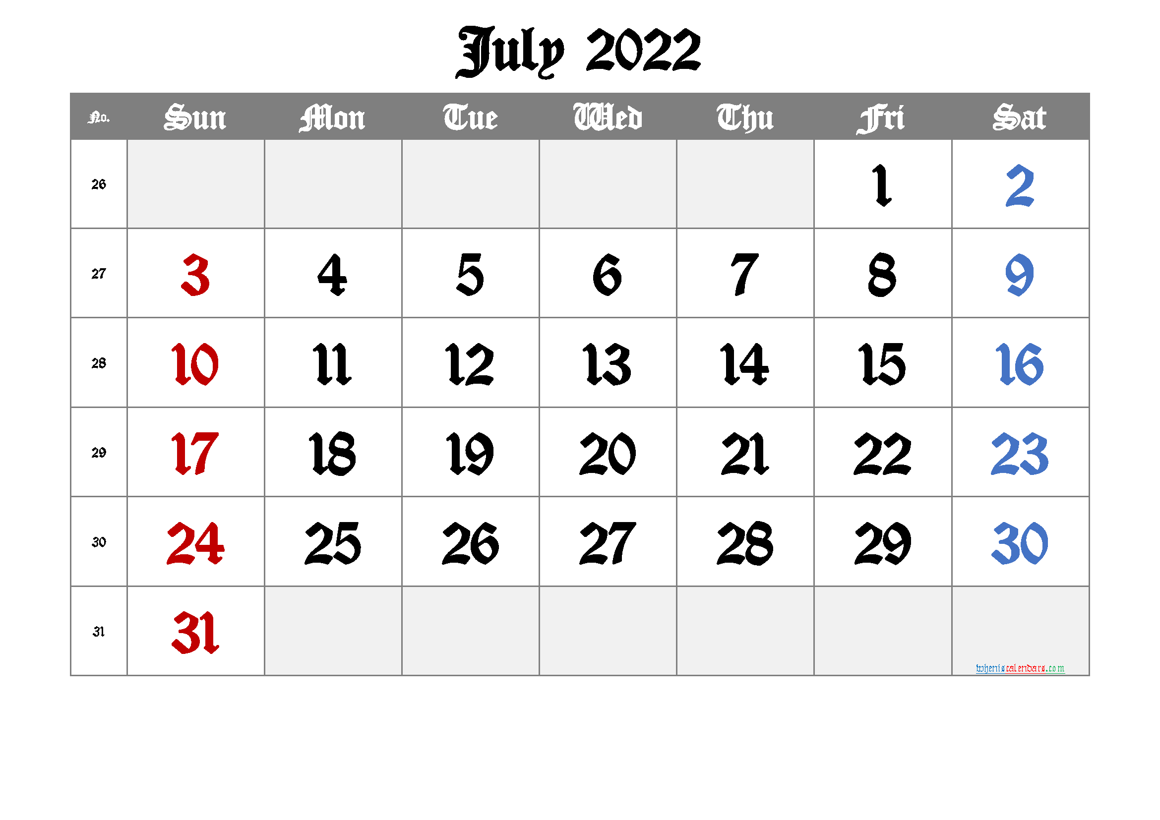 July Calendar 2022 : July 2022 Printable Calendar With