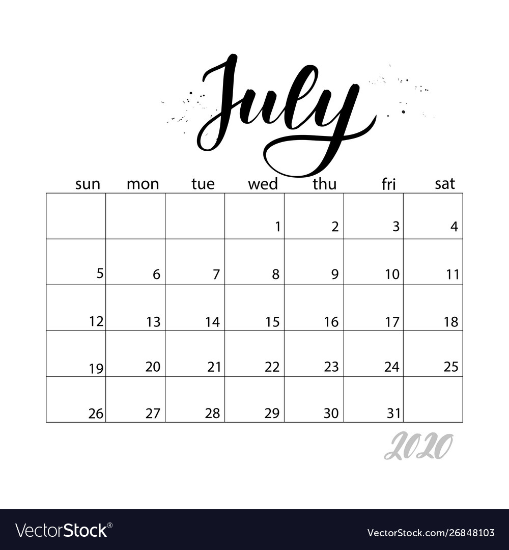 July Monthly Calendar For 2020 Year Royalty Free Vector