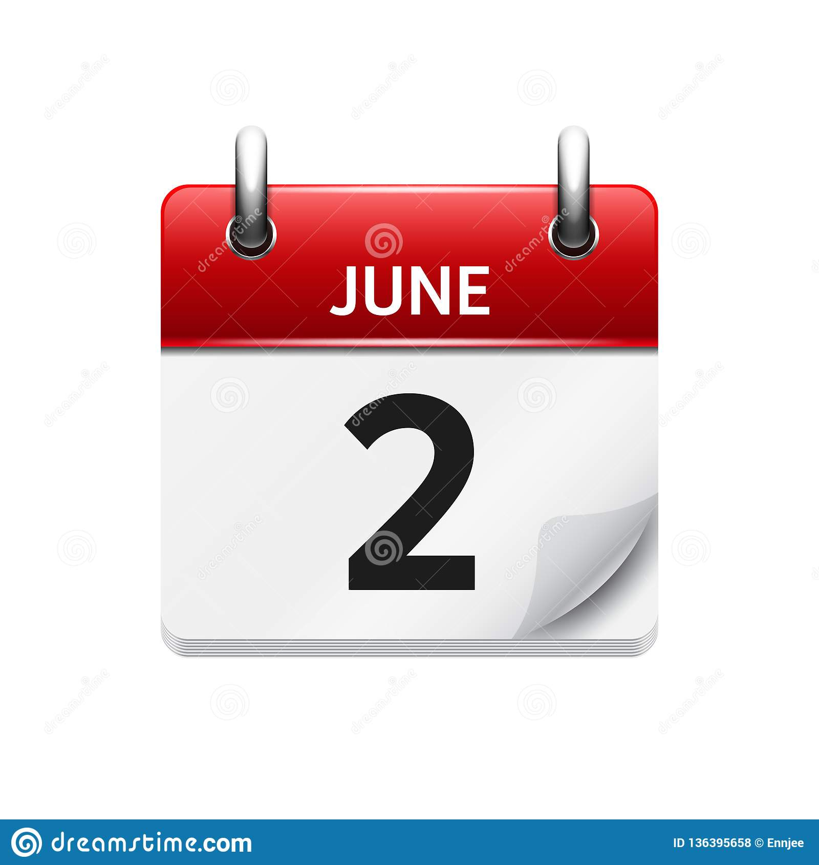 June 2. Vector Flat Daily Calendar Icon. Date And Time