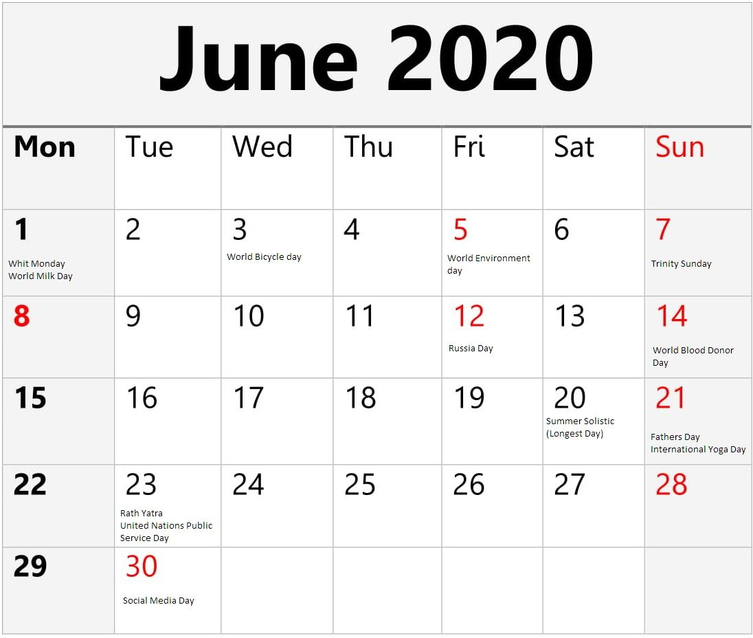 June 2020 Public Holidays Calendar | Holiday Calendar