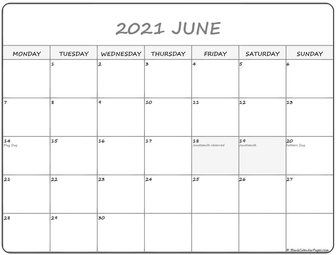 June 2021 Monday Calendar | Monday To Sunday