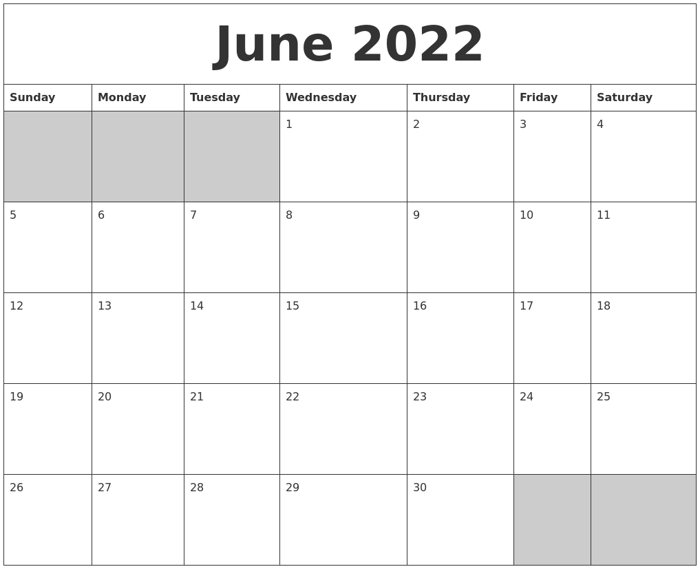 June 2022 Blank Printable Calendar