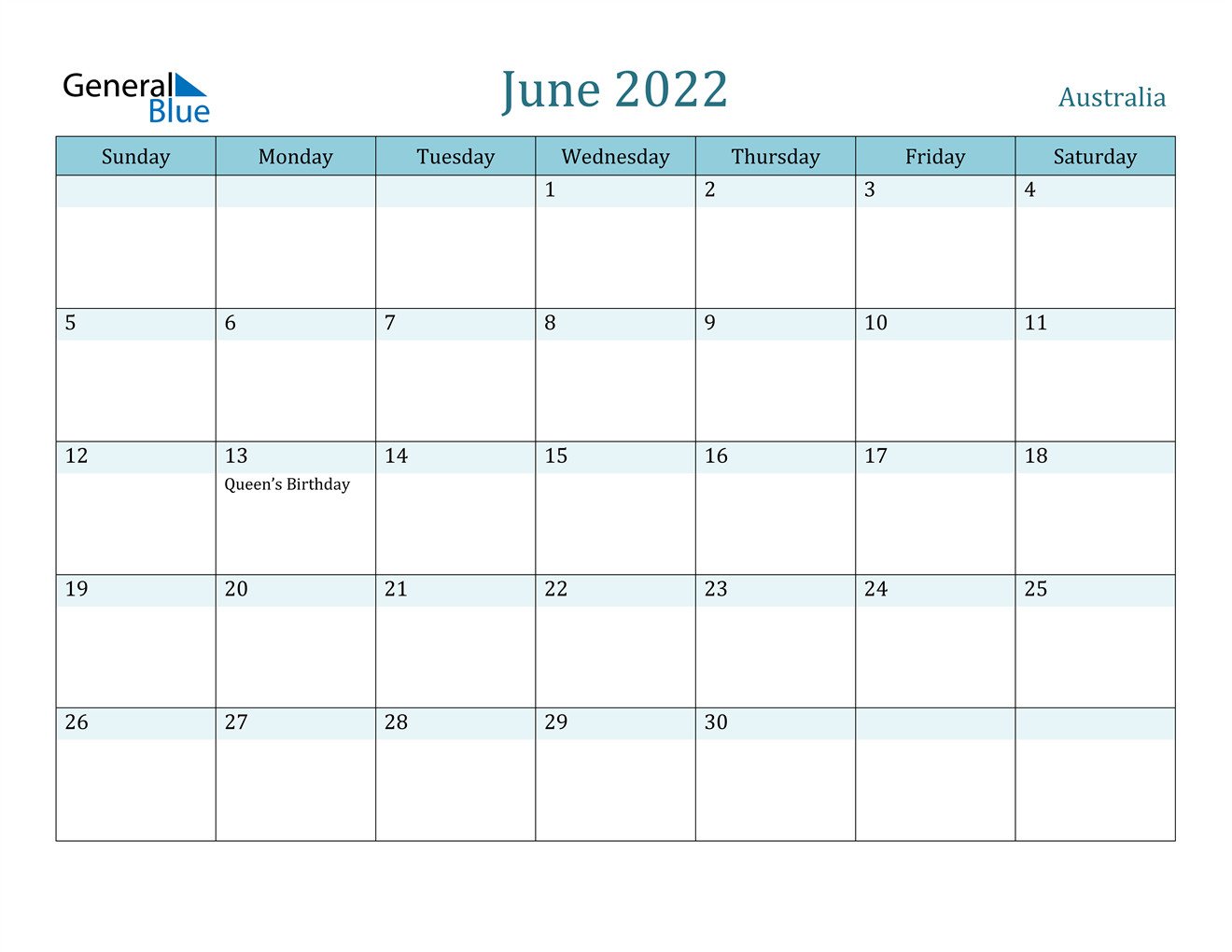 June 2022 Calendar - Australia