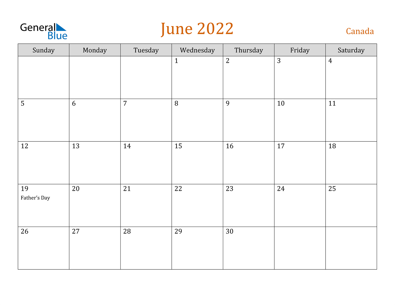 June 2022 Calendar - Canada