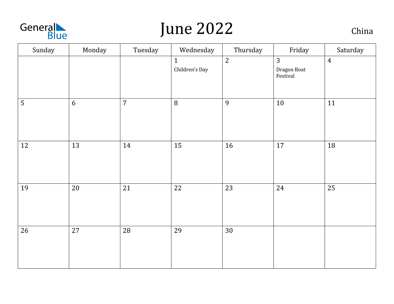 June 2022 Calendar - China