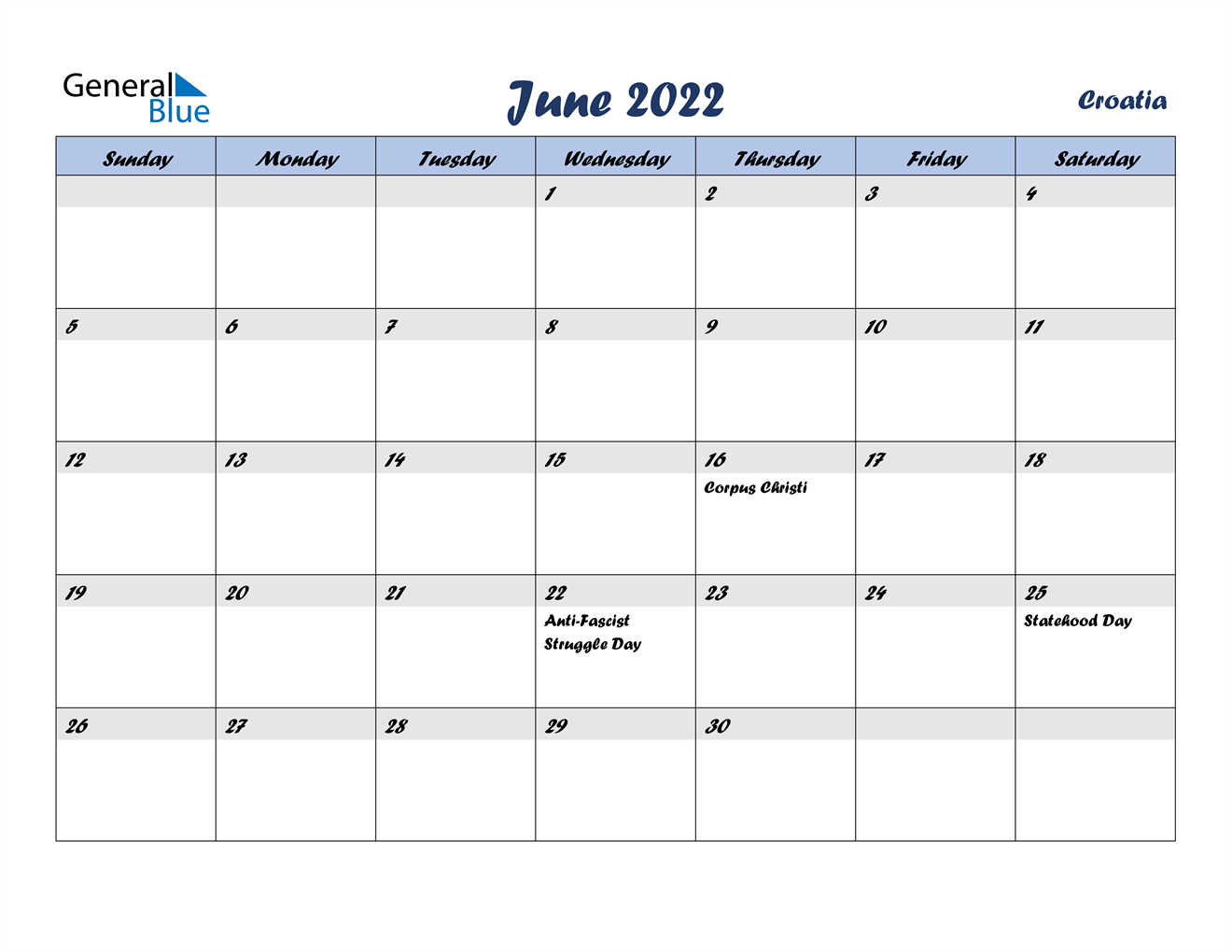 June 2022 Calendar - Croatia