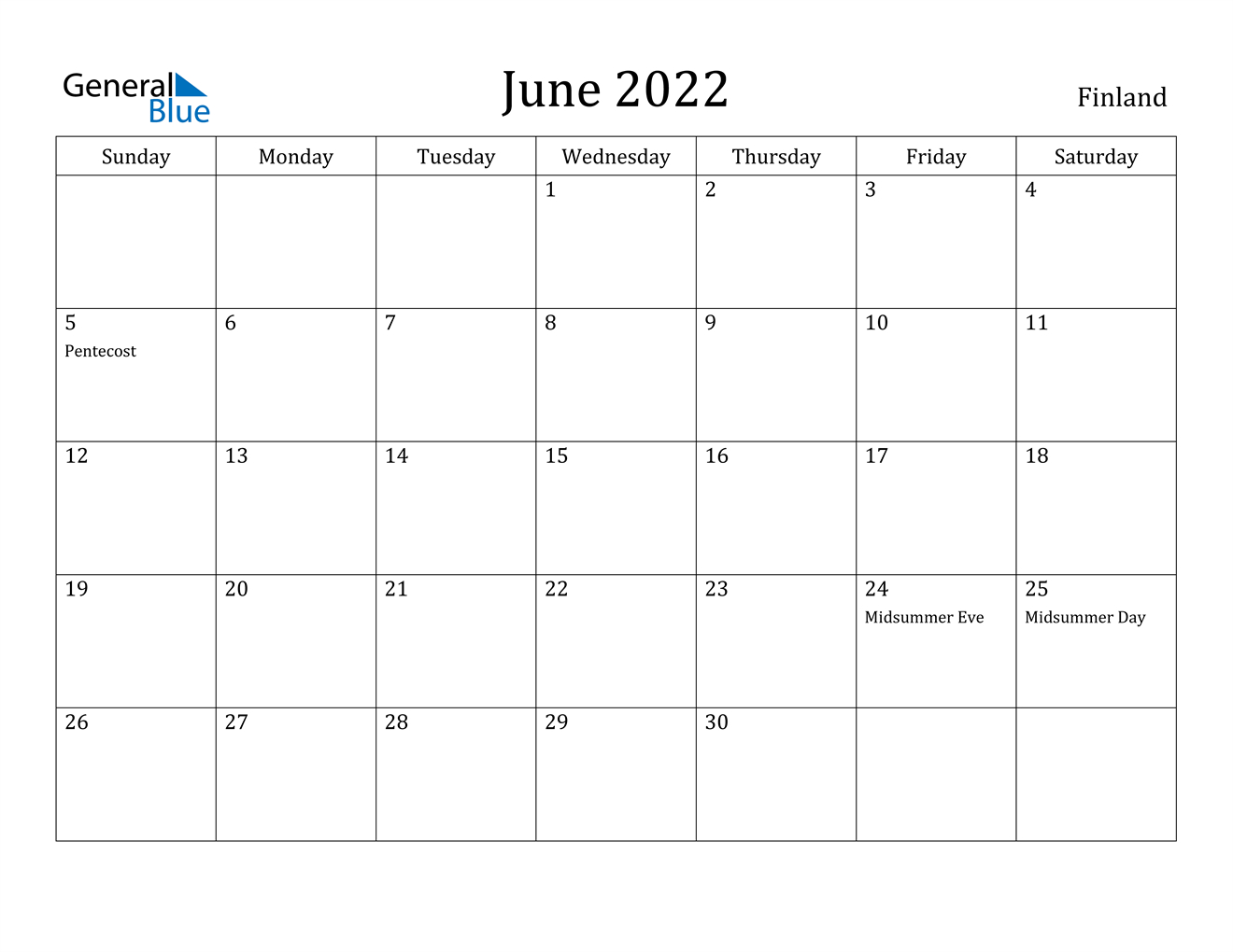 June 2022 Calendar - Finland